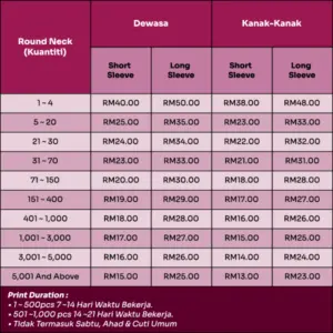 Senarai Harga Baju Sublimation Table 01