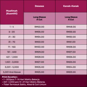 Senarai Harga Baju Sublimation Table 04