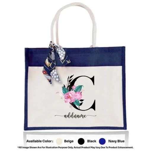 Jute Bag 01 Floral C Mockup Navy Blue