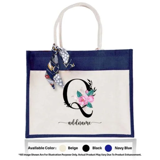 Jute Bag 01 Floral Q Mockup Navy Blue