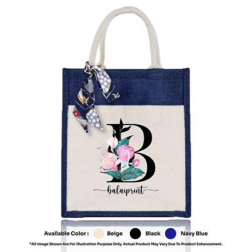 Jute Bag A4 01 Floral B Mockup Navy Blue 1
