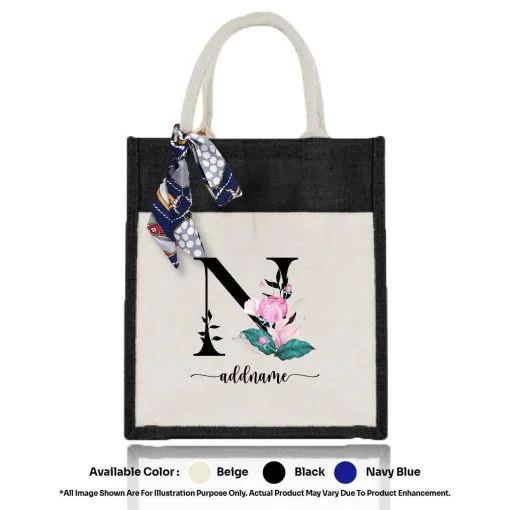 Jute Bag A4 01 Floral N Mockup Black