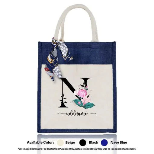 Jute Bag A4 01 Floral N Mockup Navy Blue