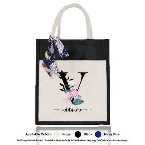 Jute Bag A4 01 Floral V Mockup Black