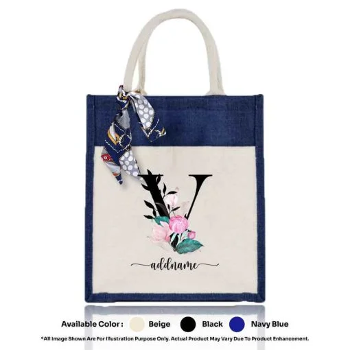 Jute Bag A4 01 Floral V Mockup Navy Blue