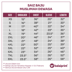 Saiz Baju Sublimation V1 Muslimah