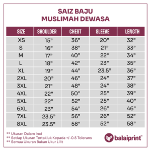 Saiz Baju Sublimation Muslimah