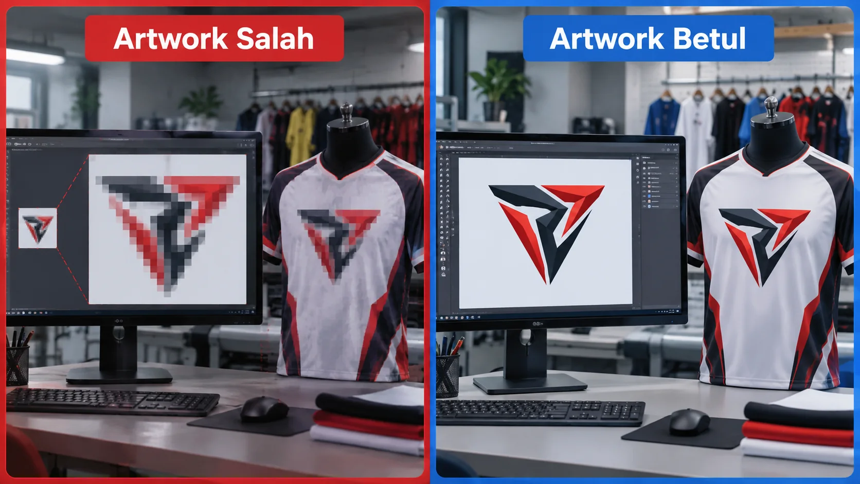 Perbandingan logo piksel kabur dengan artwork vektor yang tajam pada mockup jersey