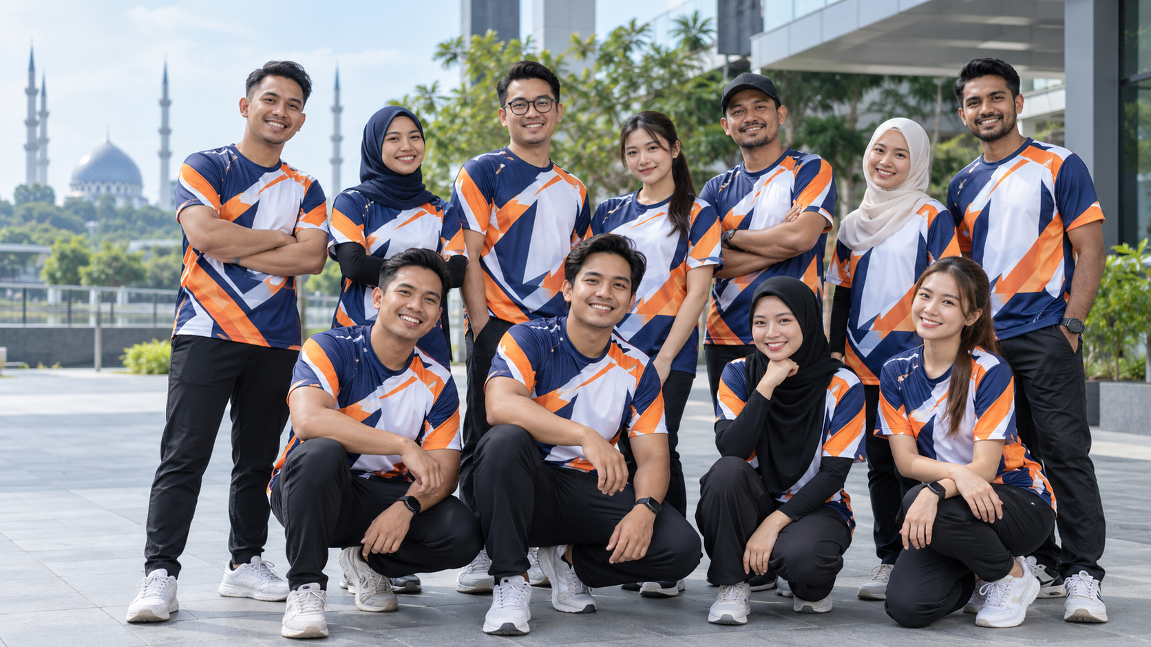 Ilustrasi sepuluh ahli pasukan memakai baju sublimation sedondon berwarna biru, putih dan jingga