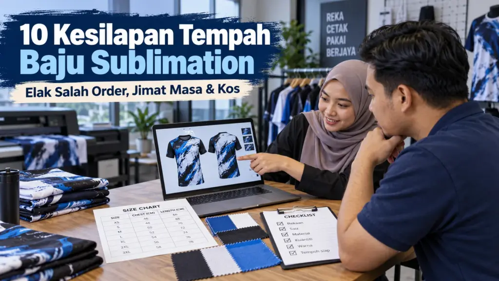 Pelanggan dan staf menyemak mockup baju sublimation, carta saiz serta sampel fabrik di studio