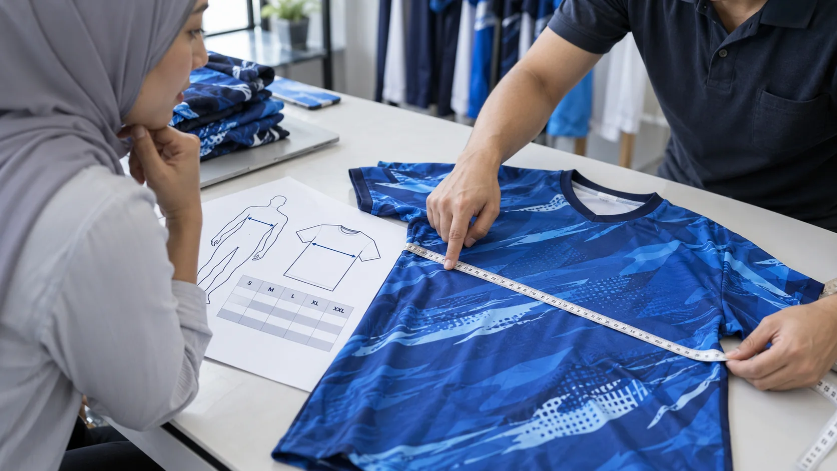 Pelanggan menyemak carta saiz sambil mengukur baju sublimation contoh dengan pita ukur