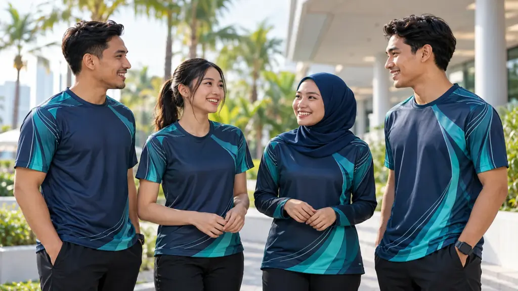 Konsep realistik pasukan memakai baju sublimation navy teal untuk team dan event